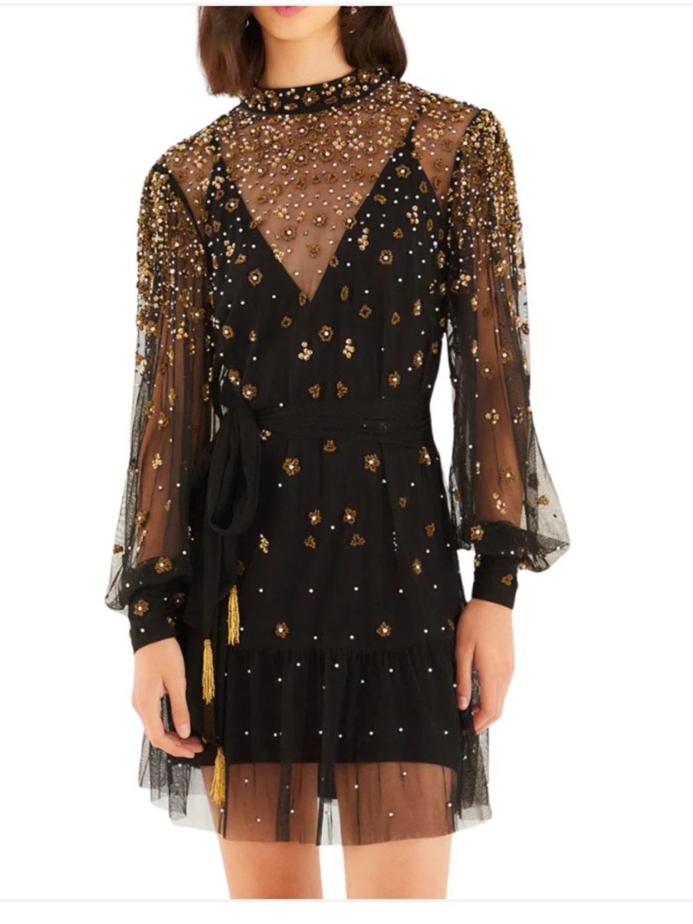 $398 New Farm Rio Embroidered Tulle Overlay Mini Dress Black Sequin Sz S - Picture 3 of 16